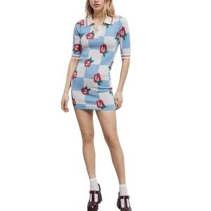 Glamorous | Knit Collard Mini Dress Blue Checkered Red Roses Print New